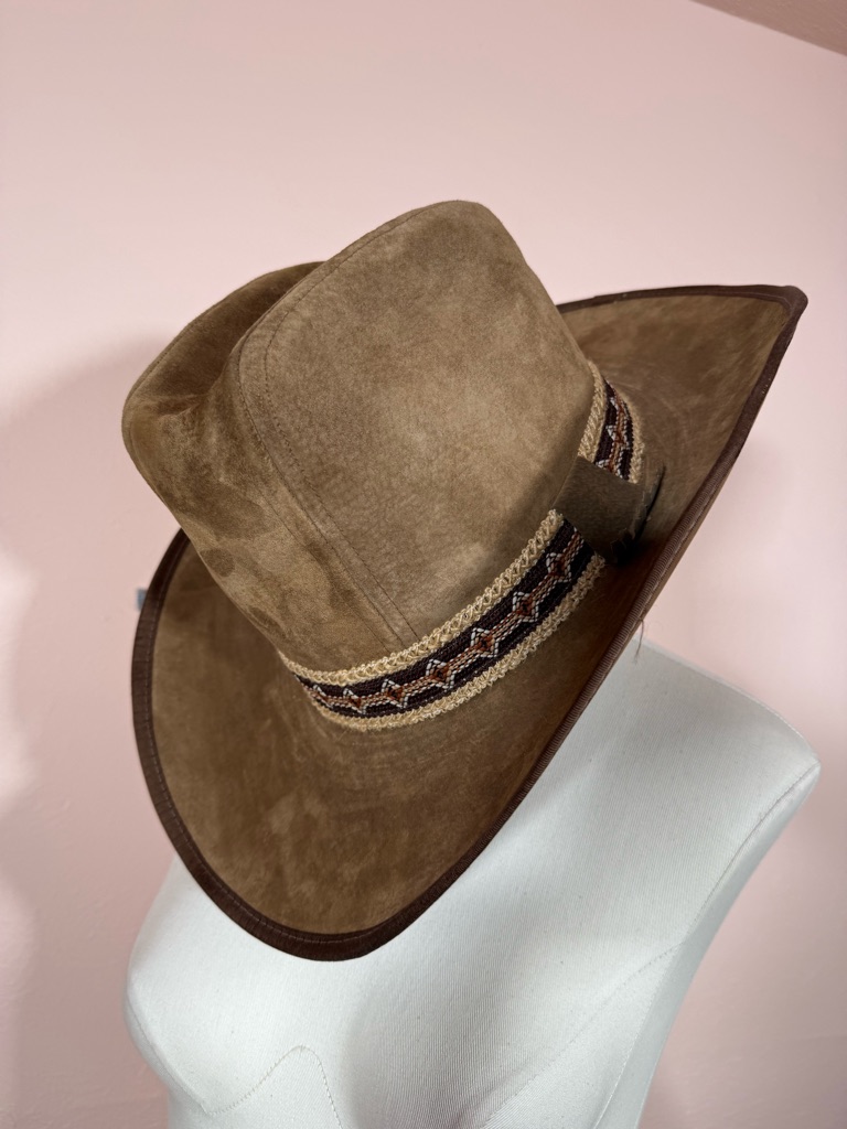 Stetson Brown Suede Leather Vintage Cowboy Hat Sz. 7 1/4 Fringe Trim Festival